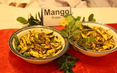 Mango pickle bowls with herbs for Mango Party at Mohsin Quran Foundation.